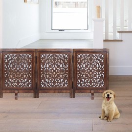 Woodify Decorative Freestanding Dog Gate – 60"x24" Folding 3 - Panel (Each Panel - 20") Wooden Pet Gate, Daisy Design, Natural Burnt Finish, Indoor Dog Fence for Doorways, Hallways, Stairs Home Use