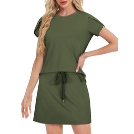 Unsenthy Two Piece Skirt Set for Women Overlap Sleeves Tennis Outfits with Short Skorts Lounge Matching Sweatsuits S-2XL, Army Green, Medium