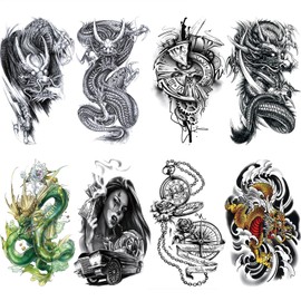 Realistic Dragon Tattoo Temporary For Men Adults, Large Black Color Dragon Tribal Fake Tattoo Women Half Sleeve, 3D Big Temp Tatoo Sticker Arm Chest Shoulder Teen Kid Boy Body Art Makeup, 8-Sheet