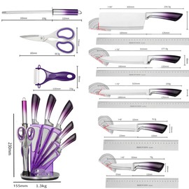Knife Set Stainless Steel Cleaver Knives Set with Rotatable Acrylic Storage Block Sharpener Sharp Cutlery Kitchen Knife Block Set Chef Cooking Cutting Knives (Purple)