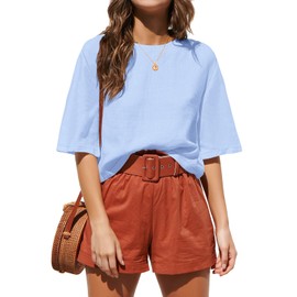 ANRABESS Women Linen Shirts Short Sleeve Oversized Casual Loose Crop Tops Tshirts Summer Cute Tees Outfits Blouse 2025 Sky Blue Large