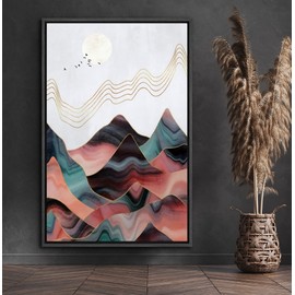 SIGNFORD Framed Canvas Print Wall Art Teal & Pink Marble Effect Mountain Range Abstract Wilderness Illustrations Modern Art Contemporary Scenic for Living Room, Bedroom, Office - 16"x24" Black