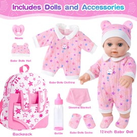 BDDOLL 12" Baby Doll in Gift Box with Pink Backpack, Cloths, Feeding Bottle and Pacifier, First Baby Dolls for Toddlers 3 Years and Up