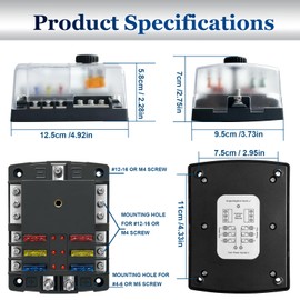 200A 6 Way Blade Fuse Block, 6 Circuits Boat Fuse Box Panel with Dual Positive Power Inputs and Negative Bus, Standard ATC/ATO Fuse Holder with LED Indicator, for 12V/24V Car Truck Marine