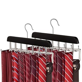 2 Pack Tie Rack Belt Hanger for Closet Organizer,Upgrade Wooden Belt Hanging Rack with 40 Foldable Hooks, 2 in1 Anti Slip Closet Hanger for Belt and tie Organizer for Men(Black)
