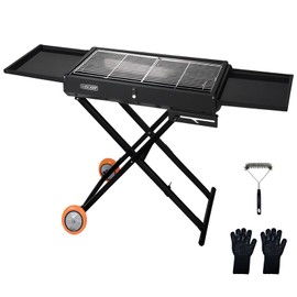 Dual-purpose Outdoor BBQ Charcoal Grill with Side Table, Foldable Cart Table with Wheels for Outdoor Backyard, Patio and Parties (Dustproof Gray)