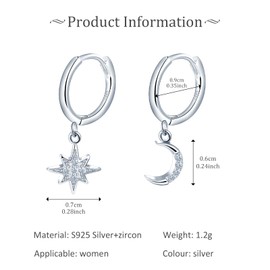 VIKILEE 925 Sterling Silver Women's Earrings Stars and Moon Asymmetrical Dangle Chain Suitable for Friends Girlfriends Hypoallergenic, Silver