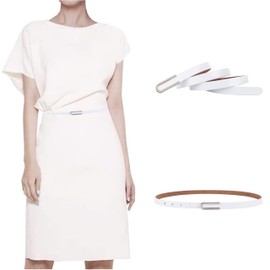 Women's Belt Fashion Skinny Slim Soft Genuine Leather Belts Waistband Thin Waist Belt Silver Chrome Color Alloy Buckle, White, For Waist 30"- 36", Women Size M-L, 6-8