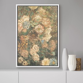 MUDECOR Framed Canvas Print Wall Art Impressionist Floral Garden Flowers in Soft Hues Illustrations Impressionism Rustic Scenic Colorful for Living Room, Bedroom, Office - 24"x36" White