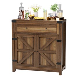 JUMMICO Coffee Bar Cabinet Farmhouse Kitchen Sideboard Buffet Cabinet with Drawer and Adjustable Shelf Barn Door Storage for Kitchen, Dining Room, Bathroom, Entryway (Brown)