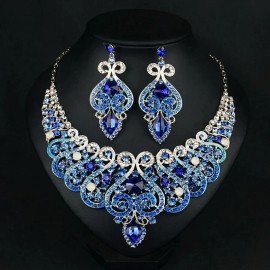 2pcs Luxurious Retro Style Blue Crystal Flower Necklace and Earrings Set,Artificial Crystal Collarbone Chain with Floral PatternColor: Blue