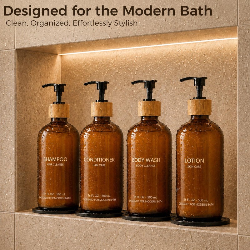 TBWIND 4 Pack 16oz Amber Glass Shampoo Dispenser Set with