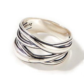 Paz Creations 925 Sterling Silver Criss Cross Statement Ring For Women, Artisan Handcrafted Designer with 1 Year Warranty, Silver Plated, Size 6