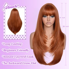 Long Layered Ginger Wig with Bangs Straight Synthetic Wig for Women 26 Inch