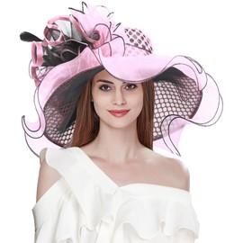 Z&X Women's Organza Derby Church Hat Fascinator Clip Sequin Dots Wide Brim Sun Hats for Wedding Tea Party Pink
