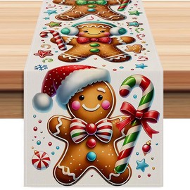 Gingerbread Man Merry Christmas Table Runner, Winter Xmas Holiday Kitchen Dining Table Decoration for Home Party Decor 13x72 Inch