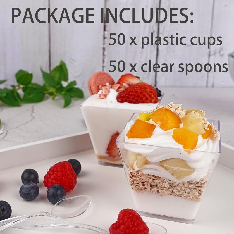 Legredic 50 Pack 3.5 oz Square Dessert Cups with Spoons,