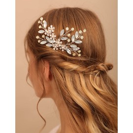 Deniferymakeup Opal Hair Comb Crystal Bridal Hair Pieces Floral Hair Accessories Prom Hair Pieces for Women and Girls (Gold)