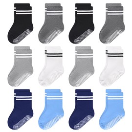 12 Pairs Toddler Socks with Grips Anti Skid Sticky Crew Socks Infant Kids Baby Grip Socks for Boys Girls