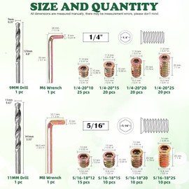 Keadic 135Pcs 1/4"-20 5/16"-18 Nut Inserts Kit with 9/11mm Twist Drill Bits & M6/8 Internal Hex Tool, Furniture Screw in Nut Threaded Wood Insert Bolt Fastener Connector Hex Socket Drive for Furniture