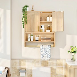Fluted Bathroom Cabinet with 2 Doors, Farmhouse Bathroom Wall Cabinet with Towel Rack and Open Shelf, Fluted Wall-Mounted Medicine Storage Over The Toilet for Bathroom, Kitchen, Natural