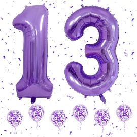 Number 13 Balloons Purple, 40 Inch Large Digital Helium Foil Mylar Birthday Balloons with 6Pcs Purple Confetti Balloons for 13th 31st Boys Girls Birthday Anniversary Party Decorations