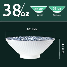QINLANG 38 oz Japanese Ramen Bowls Set of 6, Pho Bowls, 8 Inches Blue and White Ceramic Soup Bowls, Wave Pattern