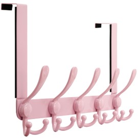 Dseap Over Door Hook 2.0 - Upgraded Version - Simple-Assembly, Strong, Heavy-Duty Stainless Steel 5-Tri-Hook Over The Door Hanger Rack, SimpleStrong Series, Pink