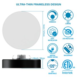 ZAGO 5 Inch LED Frameless Surface Mount Ceiling Light, 5CCT Switchable, Shower Rated Twist in Contemporary Mini Flush Mount Light, 120V, 60W Equivalent, ETL Certified, Dimmable, Black, 4 Packs