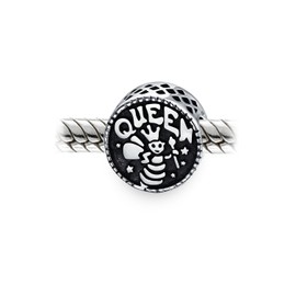 Round Word Crowned Queen Bumble Bee Charm Bead For Women Wife Mother .925 Oxidized .925 Sterling Silver Fits European Bracelet