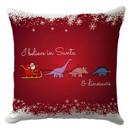 Funny Christmas Pillow Cover 18x18 Inch - 'I Believe in Santa & Dinosaurs' Design for Dinosaur Lovers - Festive Decorative Cushion Cover for Sofa, Bedroom, or Living Room, Holiday Decor