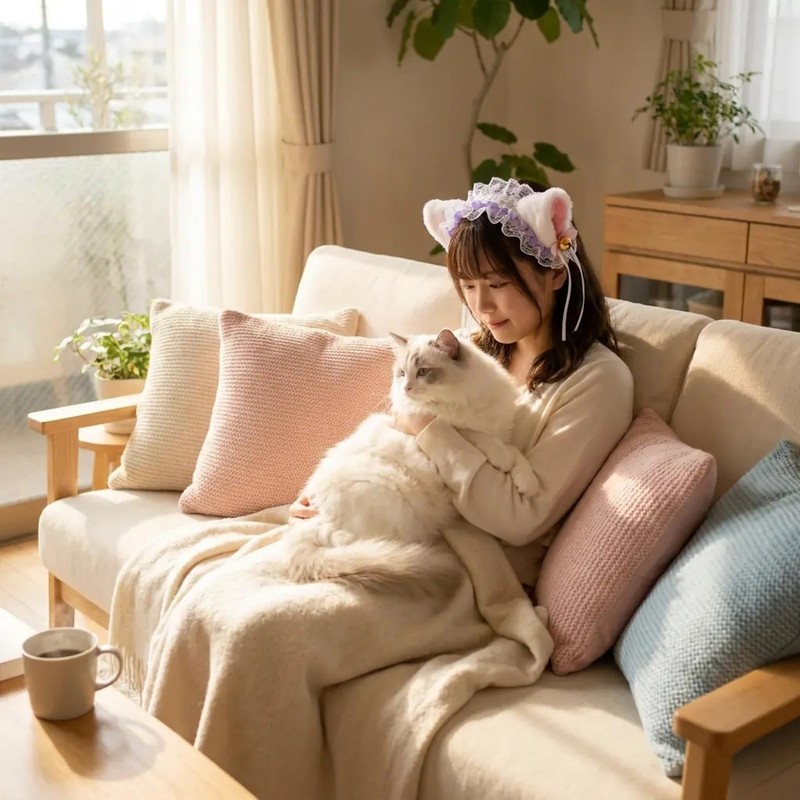 猫耳 カチューシャ コスチューム用小物 lolita風 フリルカチューシャ 鈴付き ロリータ コスプレ (ホワイトパープル)