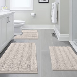 H.VERSAILTEX 3 Piece Thick Striped Bath Rugs Set for Bathroom Non Slip Soft Absorbent Bath Mat for Tub, Shower and Toilet(17''x24''+20''x32''+20''x24'' U-Shaped, Ivory)