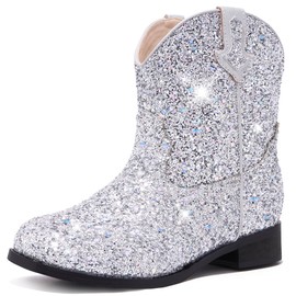 Motasha Toddler Girls Cowgirl Boots Silver Cowboy Boot for Big Kids Western Ankle Boys Cowgirl Boot Size 1 Horse Riding Shoes Birthday Party Wedding (M7111 Sequin Silver 1)