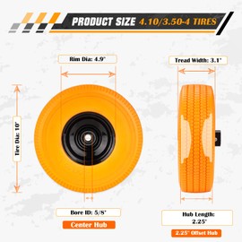 10” Flat-Free Tires 4.10/3.50-4 Orange Solid Rubber Tire and Wheel Assemblies 5/8” Bearings Fits for Lawn mowers Hand Trucks Generators Garden Utility cart | 2.25"Offset | 300lbs Capacity 2 Pack
