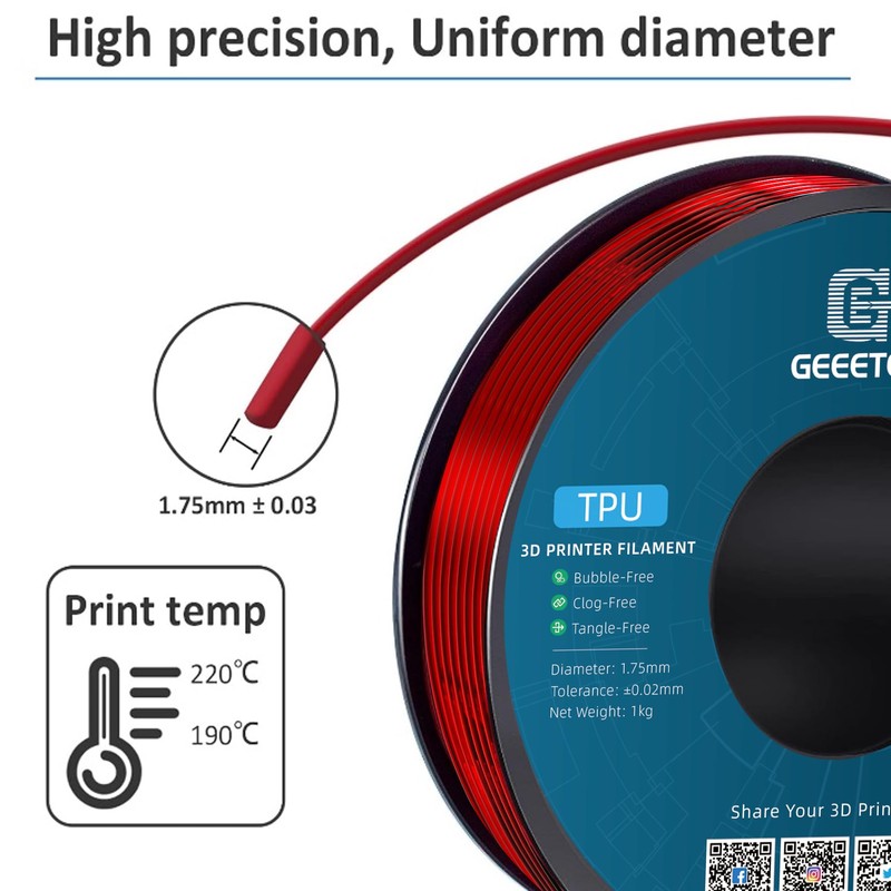 Geeetech TPU Filament 1.75mm, 1KG (2.2lbs) Spool – 95A Flexible