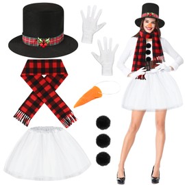 Beipegin 8 Piece Snowman Costume Adult,Snowman Outfit Tutu Skirt Snowman Scarf Christmas Hat Carrot Nose Gloves Pom Pom Balls Christmas Fancy Dress for Women Xmas Party Cosplay Set Accessories