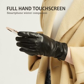 NOVBJECT Leather Gloves Winter Women's Touchscreen Lambskin Elegant Cashmere Lined Warm Outdoor Driving Gloves, black