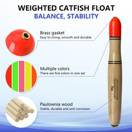 QualyQualy Fishing Floats, Weighted Catfish Pole Floats, 5PCS Bright Color Pole Fishing Float for Catfish Pike 7IN 10IN 12IN, Mixed Color Wood Bobber (12inch - 5Pcs)