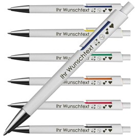 Kugelschreiber mit weißem Schaft & farbigen Applikationen | Blaue Großraummine für flüssiges Schreiben | Wunschgravur | Personalisierter Kugelschreiber als Geschenkidee | 6 Farben (Blau, 5)