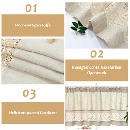 choicehot Crocheted Lace Short Curtains, Bistro Curtain, Country House Window Curtain, Kitchen Curtains, Vintage Cotton and Linen Curtains, Short Small Window H x W: 60 x 140 cm, 1 Piece