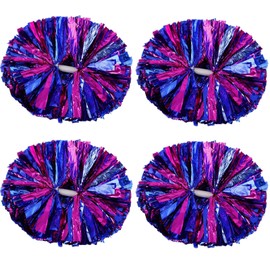 4 Pcs Cheerleading Pom Poms with Baton Handle, Metallic Cheerleader Pompoms for Adults Spirit Sports Dance Game Cheer (Blue Hot Pink)