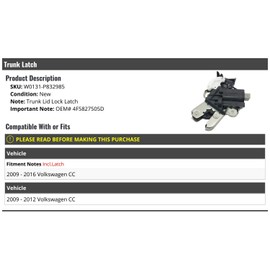 Trunk Lid Lock Latch - Compatible with 2009-2016 Volkswagen CC