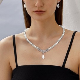 Yifnny Pearl Jewelry Set for Women, Imitation Pearl Choker Necklace Bracelet Earrings Jewelry Set Bride Wedding Jewelry Set Guest Dresses Jewelry Birthday Gifts for Mom Wife (Style 1 Silver)