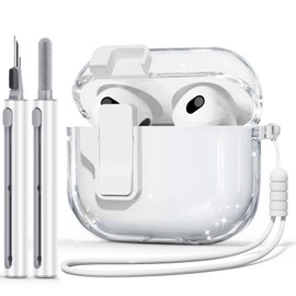【with Safety Lock】 for AirPods 3rd Generation Case Cover 2021, TPU Clear Case for AirPod Case 3rd Generation with Cleaner Kit & Portable Wrist Strap for Women Men- Clear White