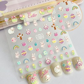 ASDIIT 2 Sheets Easter Nail Stickers Glow in The Dark 5D Nail Decals Art Spring Summer Cartoon Bunny Nail Stickers Decor DIY Nails Supplies