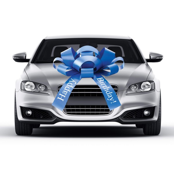 CarBowz Big Happy Birthday Car Bow, Giant 30" Bow, Non Scratch Magnet, Weather Resistant Vinyl (Blue)