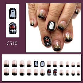 RTKHFZE Hallowee French Tip Press on Nails Short Black Glitter Gradient Fake Nails Full Cover Acrylic False Nails with Pumpkin Ghost Designs Artificial Nails Stick on Nails for Cute Women 24Pcs