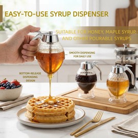 Glass Honey Dispenser No Drip with Stand, Glass Honey Jar, Honeycomb Pattern Syrup Dispenser, Maple Syrup Dispenser, Syrup Container for Kitchen Counter