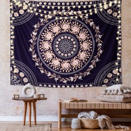 FLY SPRAY Mandala Tapestry Aesthetic,Boho Tapestry Wall Hanging,Pink Floral Medallion Tapestries,Bohemian Wall Art Hippie Decor for Bedroom Living Room Dorm